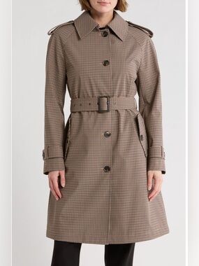 BCBG Houndstooth Trench Coat in Brown & Black